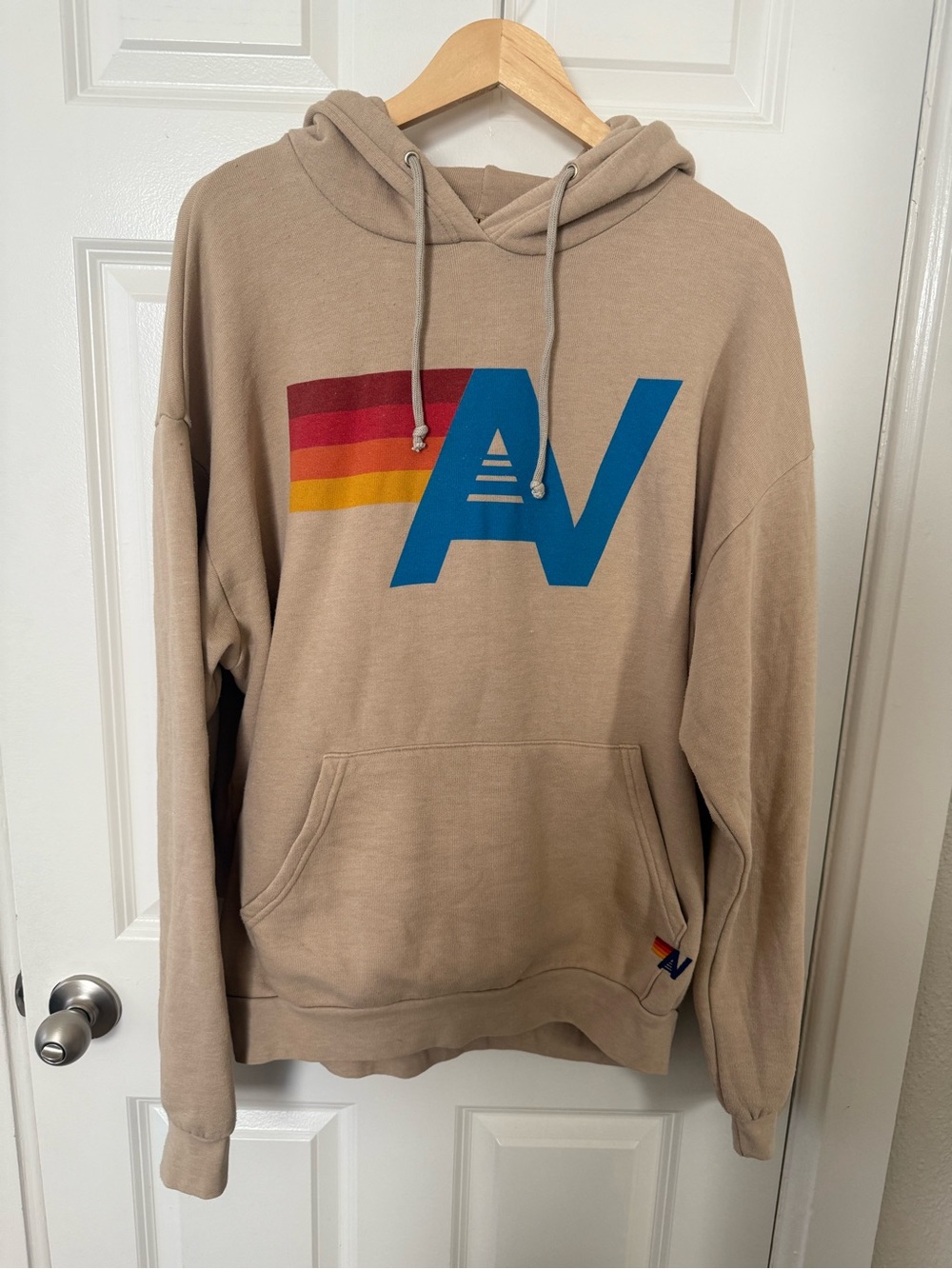 Aviator Nation Logo Stitch Relaxed Hoodie Sand Unisex Size Large